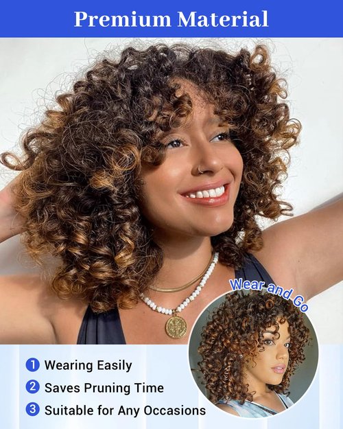 Marshey Afro Curly Wigs with Bangs for Black Women Kinky Curly Synthetic Hair Heat Resistant 12 Inch Short Ginger Wig for Daily Party (Ombre Brown)