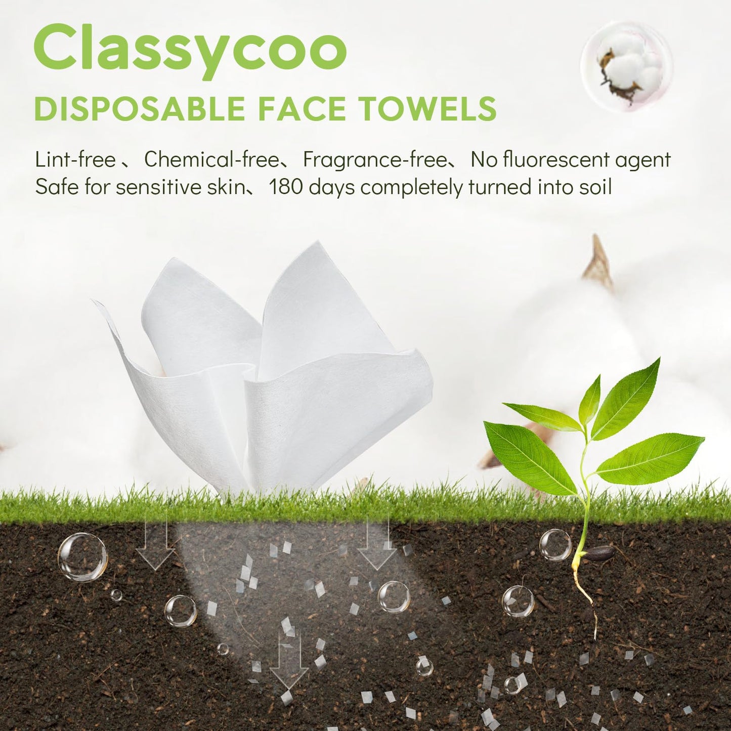 Classycoo XL Disposable Face Towel, 100% Cotton Ultra-Soft for Sensitive-Skin, Odor-Free,Facial Cleansing Wipes Makeup Remover Cloths for Travel, Home Hand Dry Wipe(12 x 10 Inch, 50 Count)