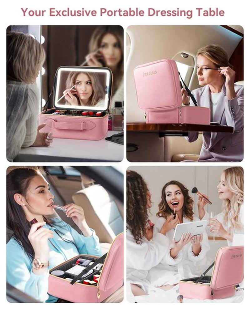 JUSRON Travel Makeup Bag With LED Mirror, Train Case with Light up Mirror, Portable Makeup Artist Organizer Bag with Adjustable Dividers, Makeup Brush Holder Storage (Pink, Large)