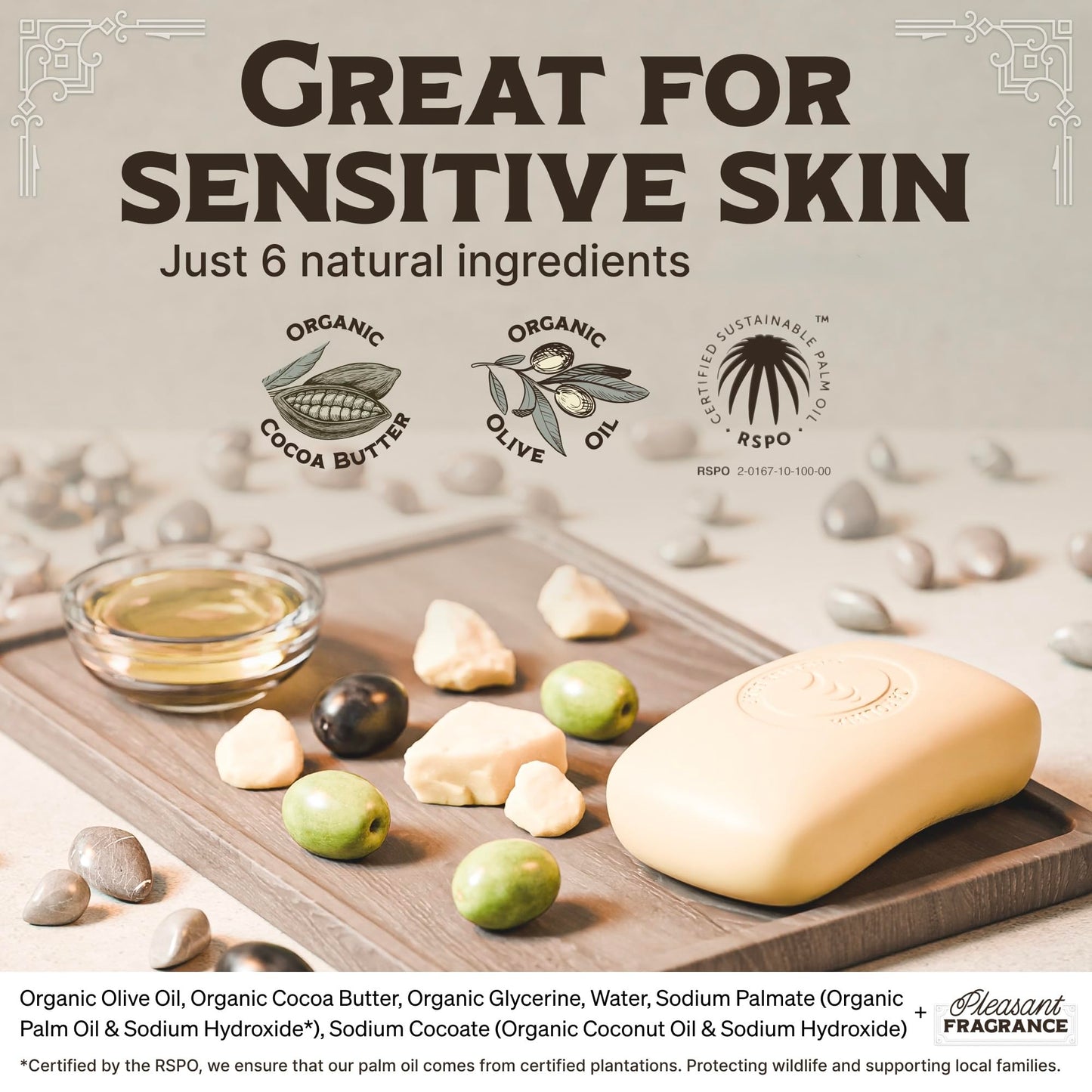 Carolina Castile Soap Vegan Unscented Castile Bar Soap – 6 Bars of Natural Soap for Men, Women, and Kids – Gentle, Hydrating Castile Soap Bars with Organic Cocoa Butter and Olive Oil, 5 Oz. Each