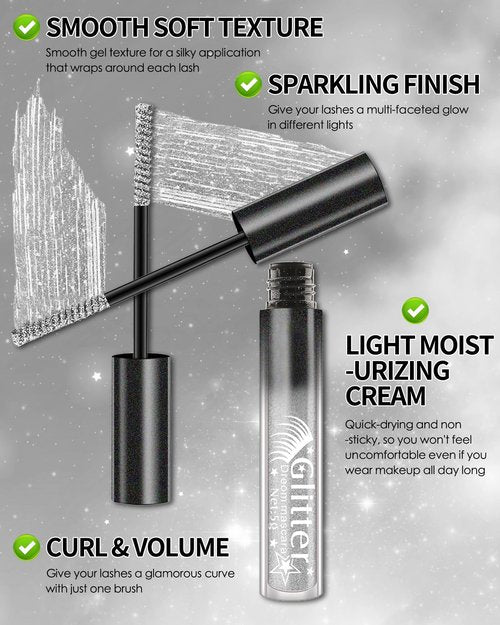 Purple Glitter Mascara, Sparkle Diamond Colored Mascara, Multi-Use Shimmer Waterproof Mascara, Define Long Lasting Curling Eyelashes, Voluminous Lengthening Mascara Makeup for Women Party Festival-03