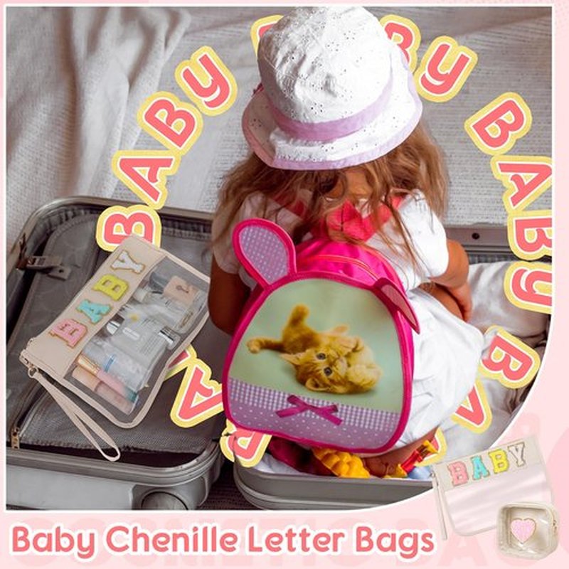 Hillban 2 Pcs Baby Bag Set Chenille Letter Bags Preppy Patch Makeup Bag Baby Travel Bags Waterproof Portable Toiletry Storage Bag for Women Mom (Baby Theme)