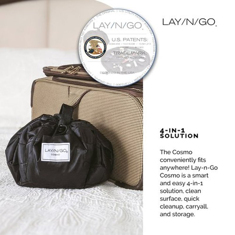 Lay-n-Go Cosmo Drawstring Cosmetic & Makeup Bag Organizer - Portable Drawstring Makeup Bag w/Zipper Pocket, Makeup Loops & More - Durable, Machine Washable Makeup Bag for Travel (20”, Black)