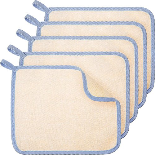 Tatuo 5 Pcs Exfoliating Face and Body Wash Cloths Towel Weave Bath Cloth Exfoliating Scrub Cloth Massage Bath Cloth for Women and Men, 10.63 x 9.05 Inch (Blue Edge)