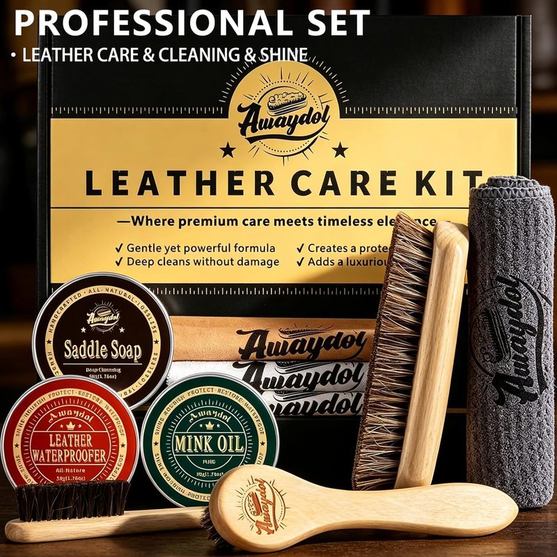 Leather Care Kit - 10 PCS Horsehair Brushes, Saddle Soap & Mink Oil | Boot & Shoe Shine Essentials for Men