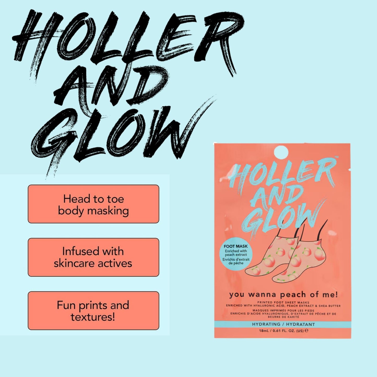Holler And Glow Printed Foot Mask Variety Pack, Masks For Dry Cracked Feet, Peach & Vanilla Scented, Infused With Hyaluronic Acid, Hydrating Foot Care Treatment, Moisturizing Socks, 6 Piece Set