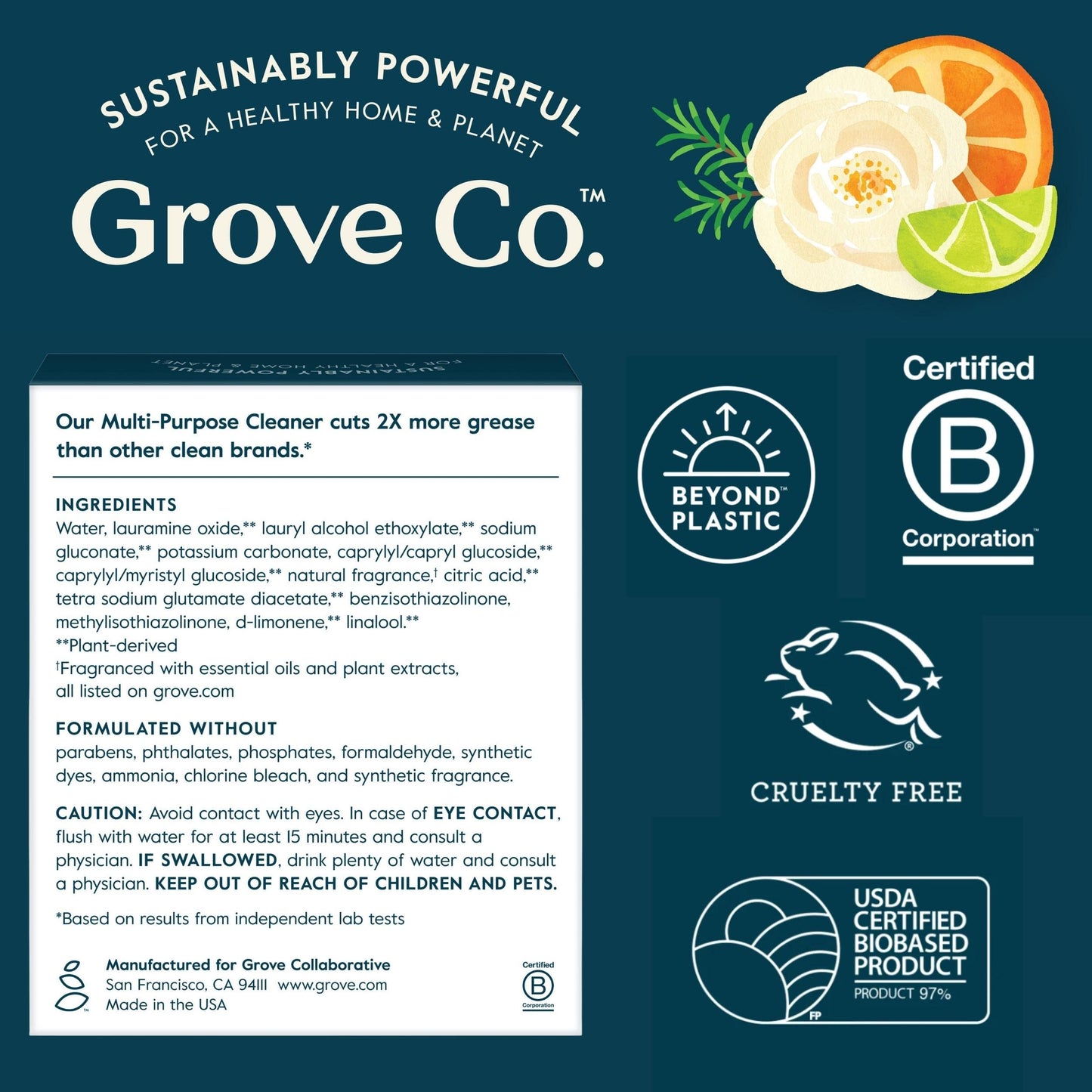 Grove Co. Multi-Purpose Cleaner, Refill Concentrate (2 x 1 Oz) + Glass Spray Bottle (16 Oz), Plant-based Household Cleaning Supplies Bundle, No Plastic Waste, Natural Lavender Blossom & Thyme Scent