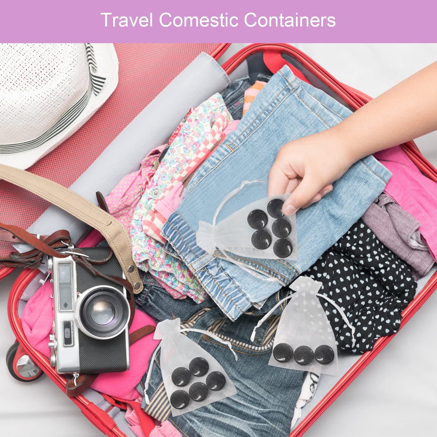 SumDirect 5 Gram Cosmetic Containers - 100Pcs Sample Jars with Lids, Small Plastic Makeup Sample Containers with 10Pcs Organza Bags and a Scoop