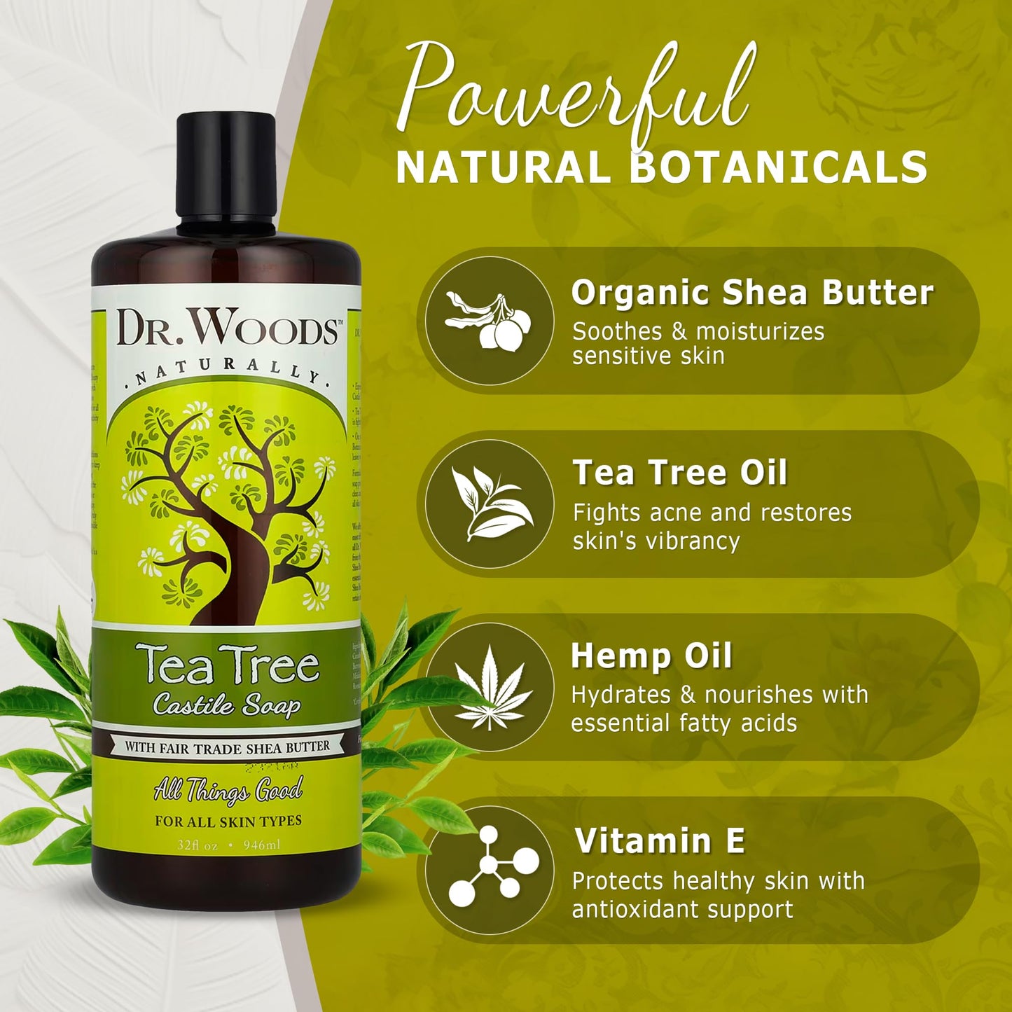 Dr. Woods Tea Tree Liquid Castile Soap - Castile Soap with Pure Tea Tree Oil, Body Wash for Men and Women, Organic Shea Butter, Natural Cleaner for Face, Hands, and Body - 32 Fl Oz, Pack of 2
