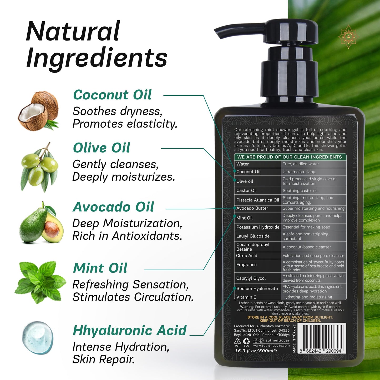AUTHENTIC BATH & SOAP Sensitive Skin Body Wash – Organic Mint Essential Oil & Avocado Butter – Hydrating Shower Gel with Vitamin E & Hyaluronic Acid – SLS Free, Moisturizing & Refreshing, 16.9 Fl Oz