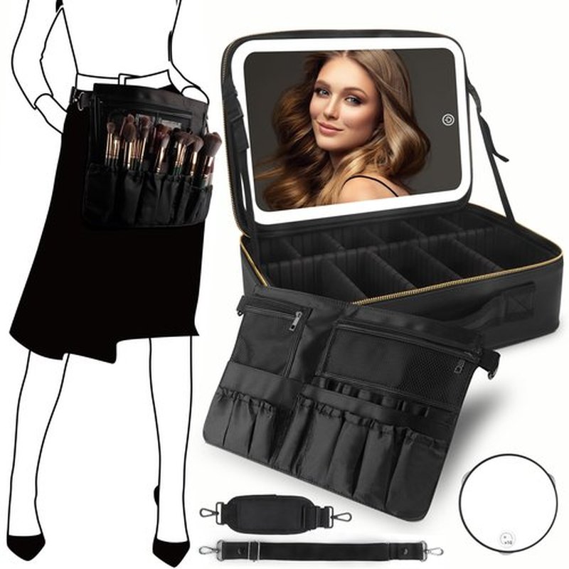 MOMIRA Large Makeup Train Case with Lighted and Mirror Partitionable Cosmetic Bag Travel Makeup Case Professional Cosmetic Artist Organizer, Waterproof Portable, with Shoulder Stra
