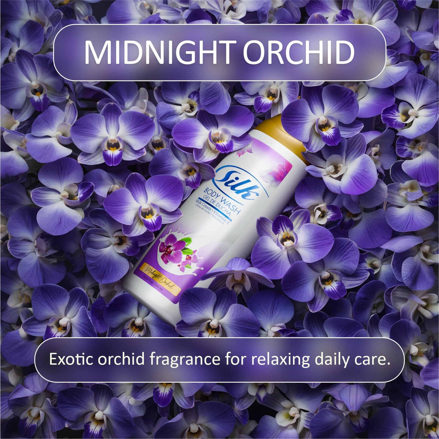 SILK Moisturizing Body Wash for Woman & Man - Daily Hydrating Shower Gel and Foaming Cleanser with Vitamin E and Glycerin, Rich Lather for Dry Skin Care, Midnight Orchid Scent, 16.9 Fl Oz