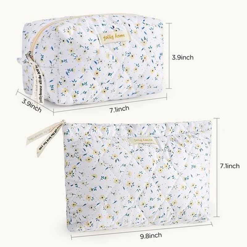 HBselect 2Pcs Quilted Makeup Bag Cute Makeup Bag Organizer Travel Makeup Pouch for Purse Zipper Aesthetic Coquette Cotton Floral Make up Bag Toiletry Bags for Women Girls