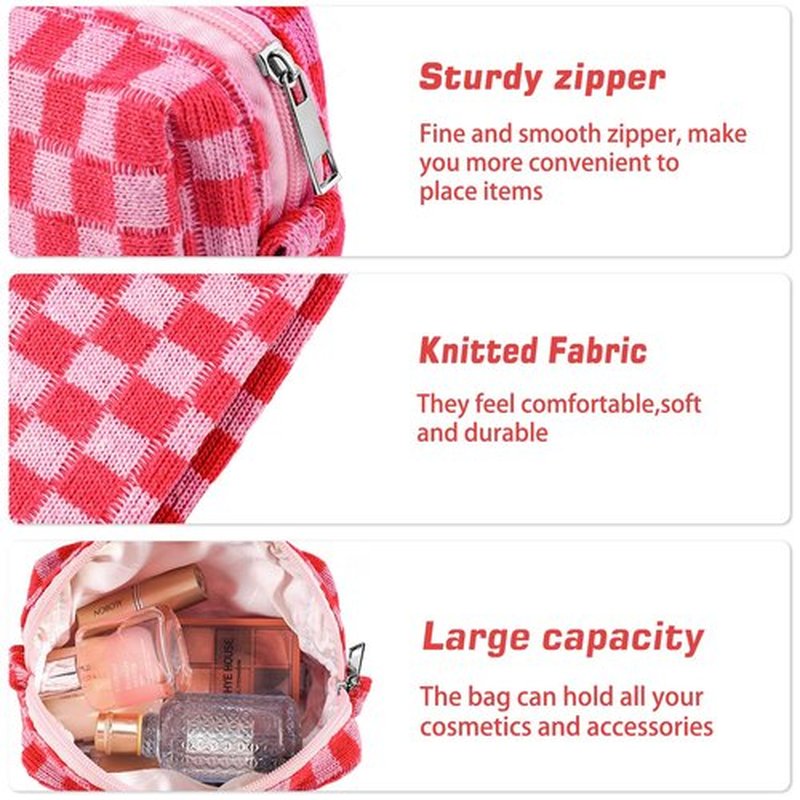 ZLFSRQ 2Pcs Checkered Makeup Bag for Women Cute Cosmetic Pouch Travel Small Cosmetic Bag Set Cute Makeup Pouch Purse Portable Skincare Zippered Toiletry Bag Organizer Preppy Trendy Storage Bag(Pink)