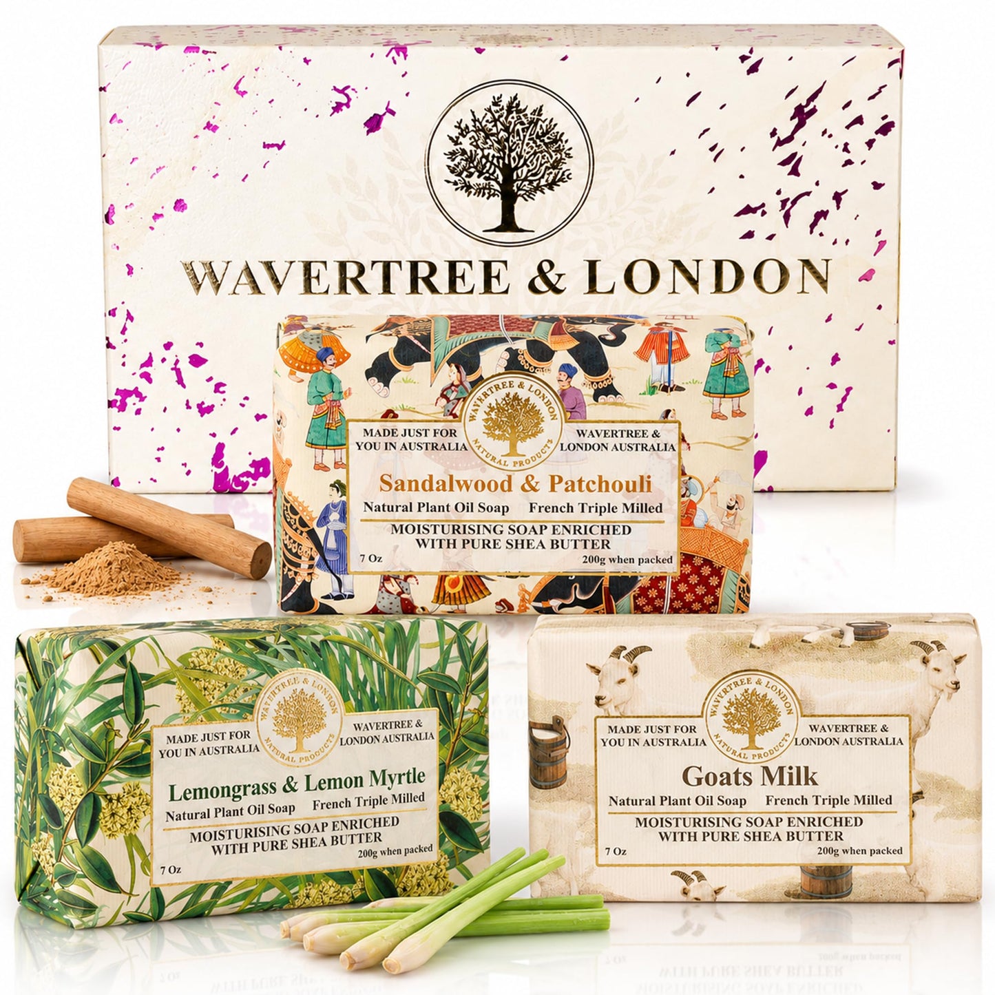 Wavertree & London Trio Gift Box (3 Bars) - 7oz Lemon Myrtle, Goats Milk, Sandalwood Patchouli Scented Moisturizing Triple Milled Natural Soap Bars - Pure Plant Oil Soap Bars for All Skin Types