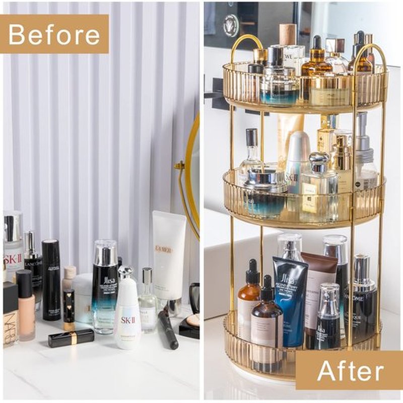 INVSSENE 360 Rotating Makeup Organizer, Yellow, Unisex, 3 Tier Countertop Storage, Fits Cosmetics, Perfume, Skincare, Lipsticks