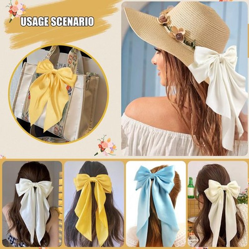 Hair Bows for Women Girls Silky Satin Big Bows Hair Barrettes Oversized Hair Accessories Long Tail Hair Ribbons -3Pcs -Yellow Beige Sky Blue
