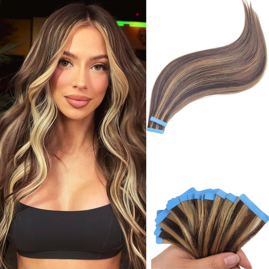 Brown Blonde Tape In Hair Extensions Human Hair Seamless Hair Extensions Tape In Real Human Hair