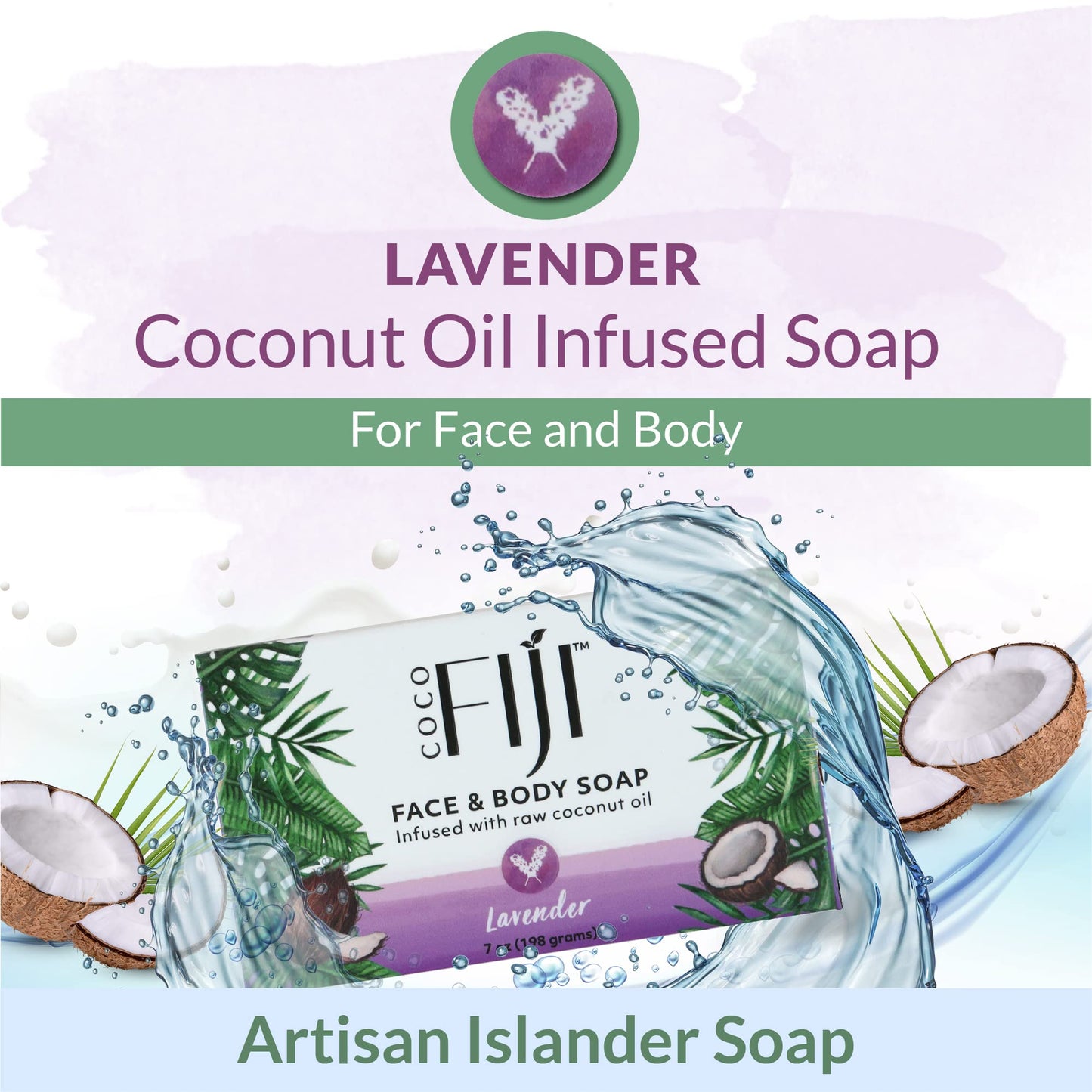 "Coco Fiji Soap Bar for Face and Body Infused With Organic Coconut Oil, Lavender Essential Oil, Natural Soap for Moisturizing & Pore Purifying Skin, 7 oz, Pack Of 3 "