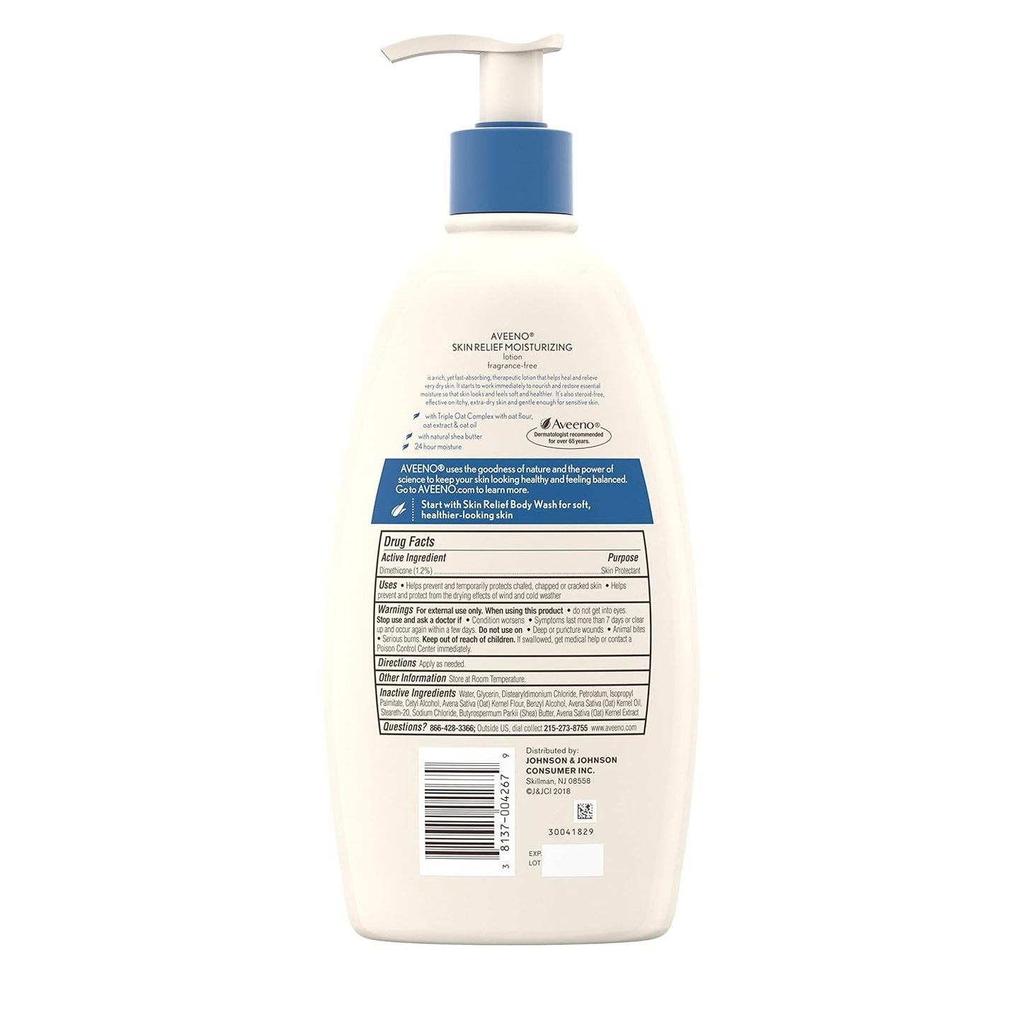 Aveeno Skin Relief Fragrance-Free Moisturizing Lotion for Sensitive Skin, with Natural Shea Butter & Triple Oat Complex, Unscented Therapeutic Body Lotion for Itchy, Extra-Dry Skin, 18 fl. oz
