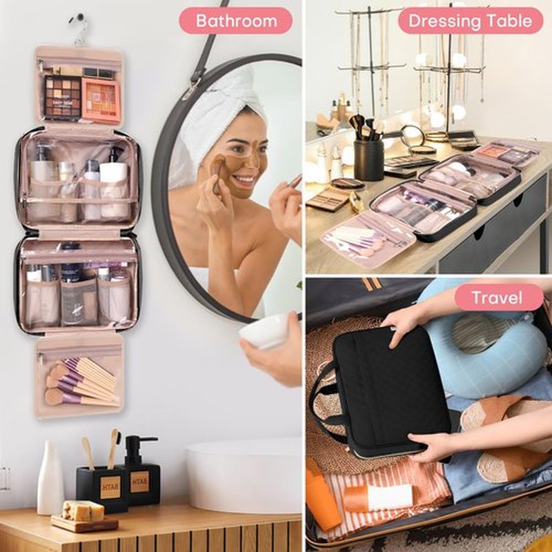 HXLGMD Travel Toiletry Bag for Women, Portable Makeup Cosmetic Bag with Hanging Hook, Travel Essentials 3 in 1 Packing Organizer Travel Bag for Accessories, Shampoo, Full-size Container, Toiletries