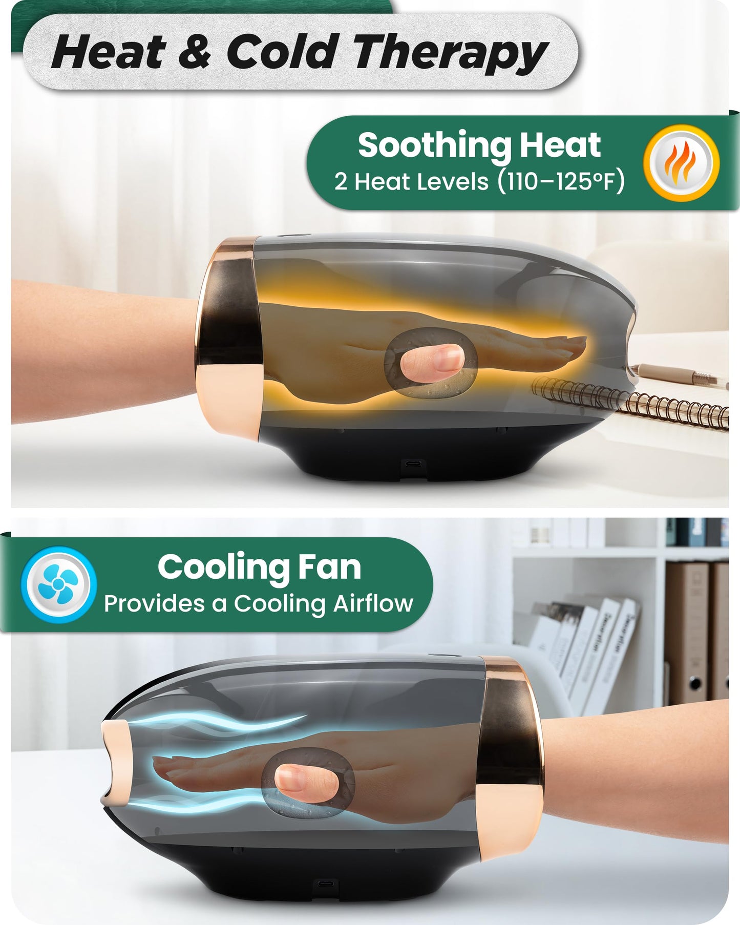 Lunix LX30 Rolling Hand Massager, Kneading + Compression, Heat + Cooling Fan, Finger & Wrist Pain Relief, Cordless Rechargeable, Charcoal Black