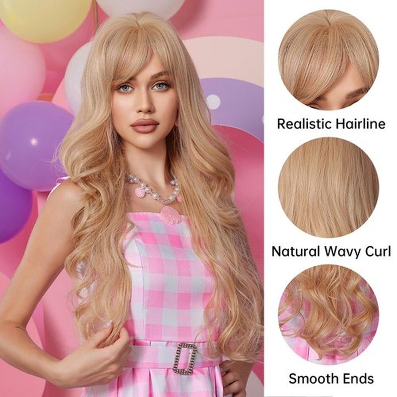 BERON 26 Inches Strawberry Blonde Wig Long Wavy Wig with Bangs Synthetic Wig Long Wig Blonde Wigs for Daily Party with Wig Cap