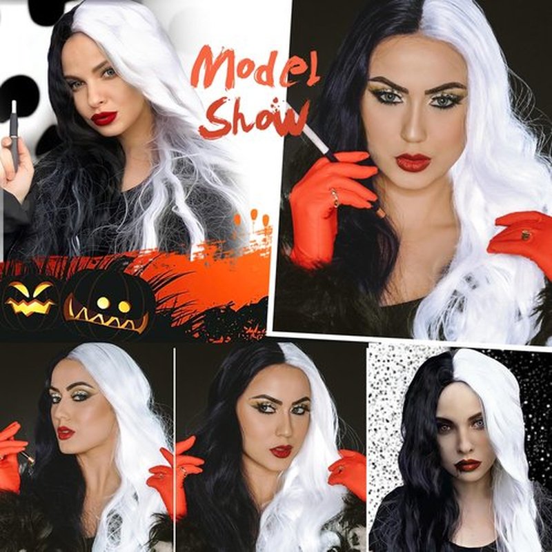 WIGER Half Black Half White Wigs for White Women Long Curly Wavy Wigs for Women Long Black and White Curly Wigs Middle Part Synthetic Wigs for Cosplay Halloween Party Wig