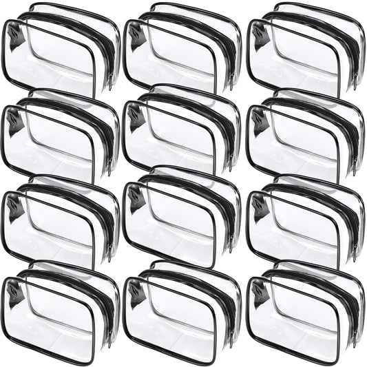 Weewooday 12 Pieces Clear Cosmetics Bag PVC Zippered Clear Toiletry Carry Pouch Cosmetic Makeup Bag Waterproof Makeup Vinyl Plastic Organizer Case for Vacation Bathroom(Black,Small)