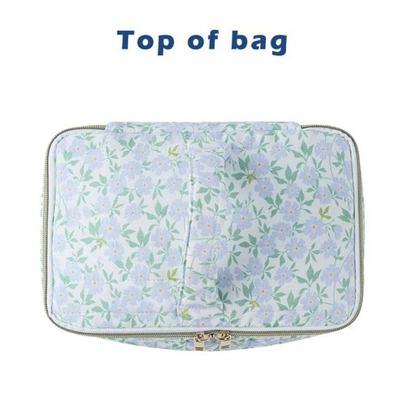 uekeboag Large Travel Quilted Makeup Bag for Women, Floral Cotton Cosmetic Bag, Coquette Aesthetic Floral Toiletry Organizer Bag(09Green Leaves