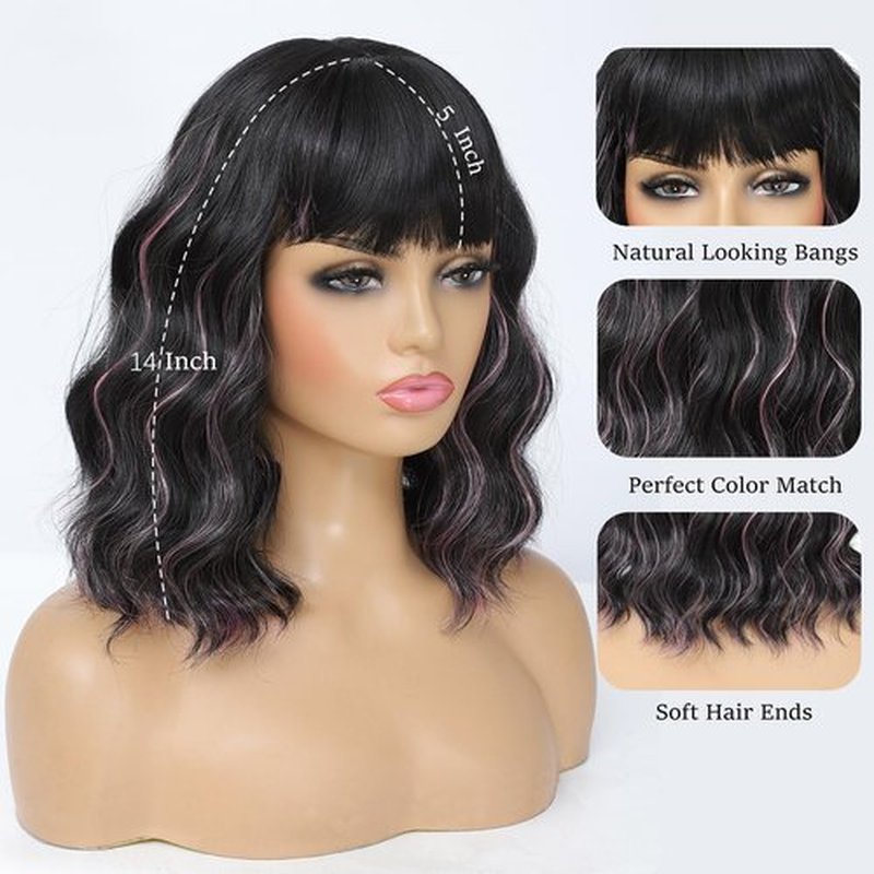 Amarlis Black Mix Pink Wigs for Women, 14 Inch Wavy Bob Wig with Bangs, Natural Looking Soft Heat Resistant Synthetic Fiber Wig for Daily Party Use