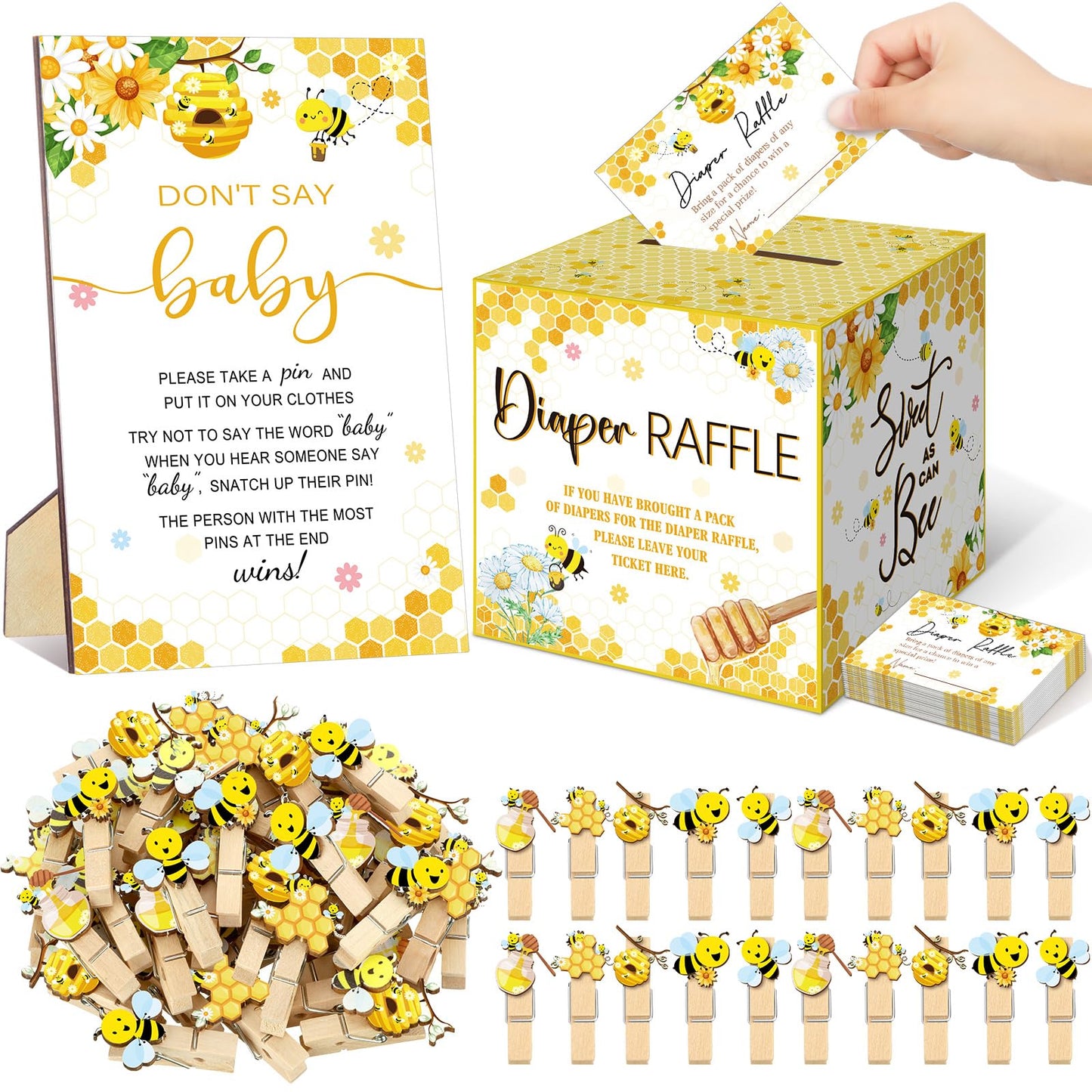 Dispowreath 102 Pcs Baby Shower Game Supplies Diaper Raffle Tickets with Diaper Raffle Card Box Don't Say Baby Sign Mini Clothespin Shower Game Decor for Gender Reveal (Bee)