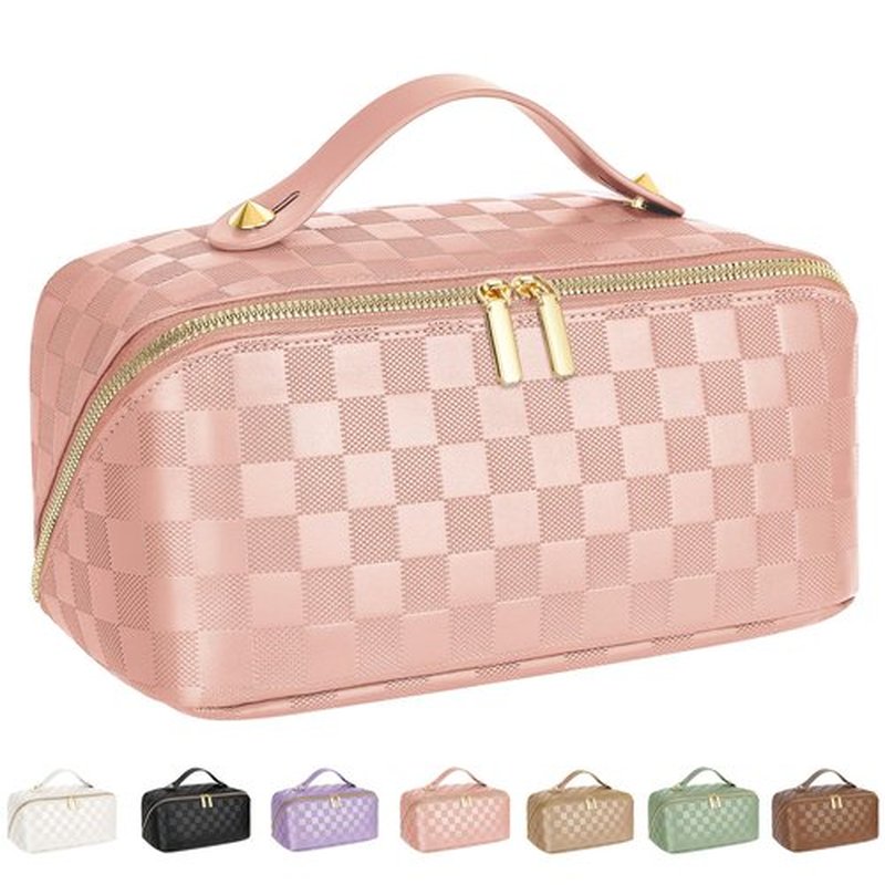 ALEXTINA Travel Makeup Bag, Vegan Leather Large Capacity Cosmetic Bags for Women,Waterproof Portable Pouch Open Flat Toiletry Bag Makeup Bag Organizer with Fixed Divider, Pink