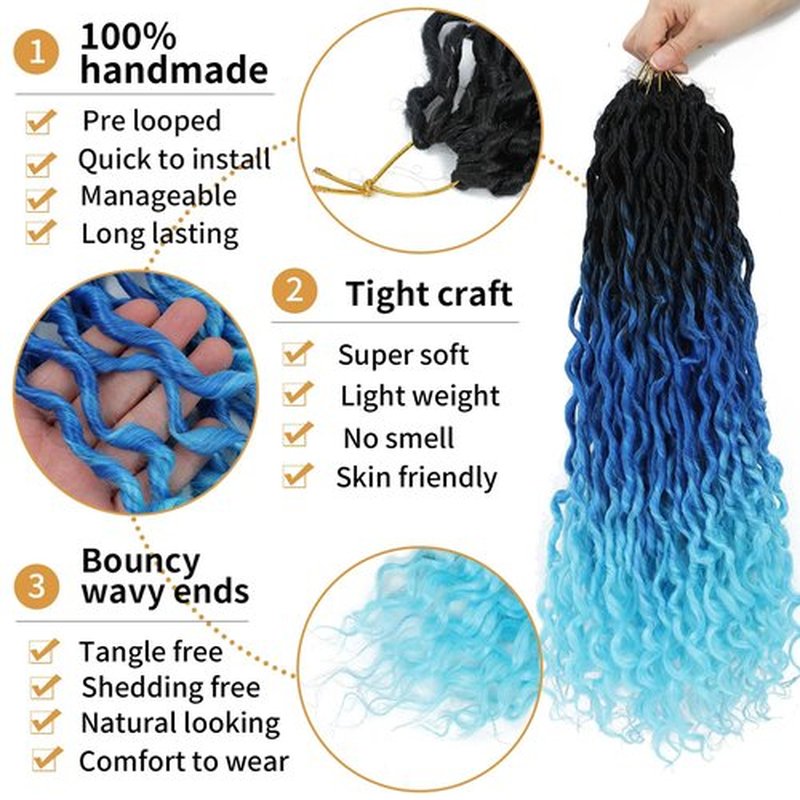 Ombre Crochet Hair Faux Locs 18 Inch 6 Packs Goddess Locs Crochet Hair for Black Women Pre Looped Crochet Locs with Curly ends(18 Inch,6 Packs,1B/Sapphire/Blue)