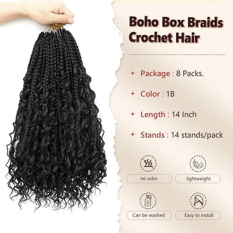 Boho Box Braids Crochet Hair 8 Packs Boho Crochet Braids Pre Looped 1B Goddess Box Braids Crochet Hair for Black Women 14 Inch Boho Braids Crochet Hair Extension