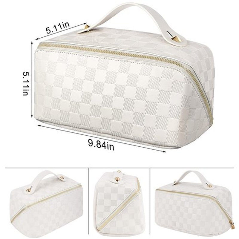 ALEXTINA Large Capacity Travel Cosmetic Bag - Travel Makeup Bags for Women Waterproof PU Leather Checkered Makeup Organizer Bag with Dividers and Handle,Toiletry Bag for Cosmetics, White
