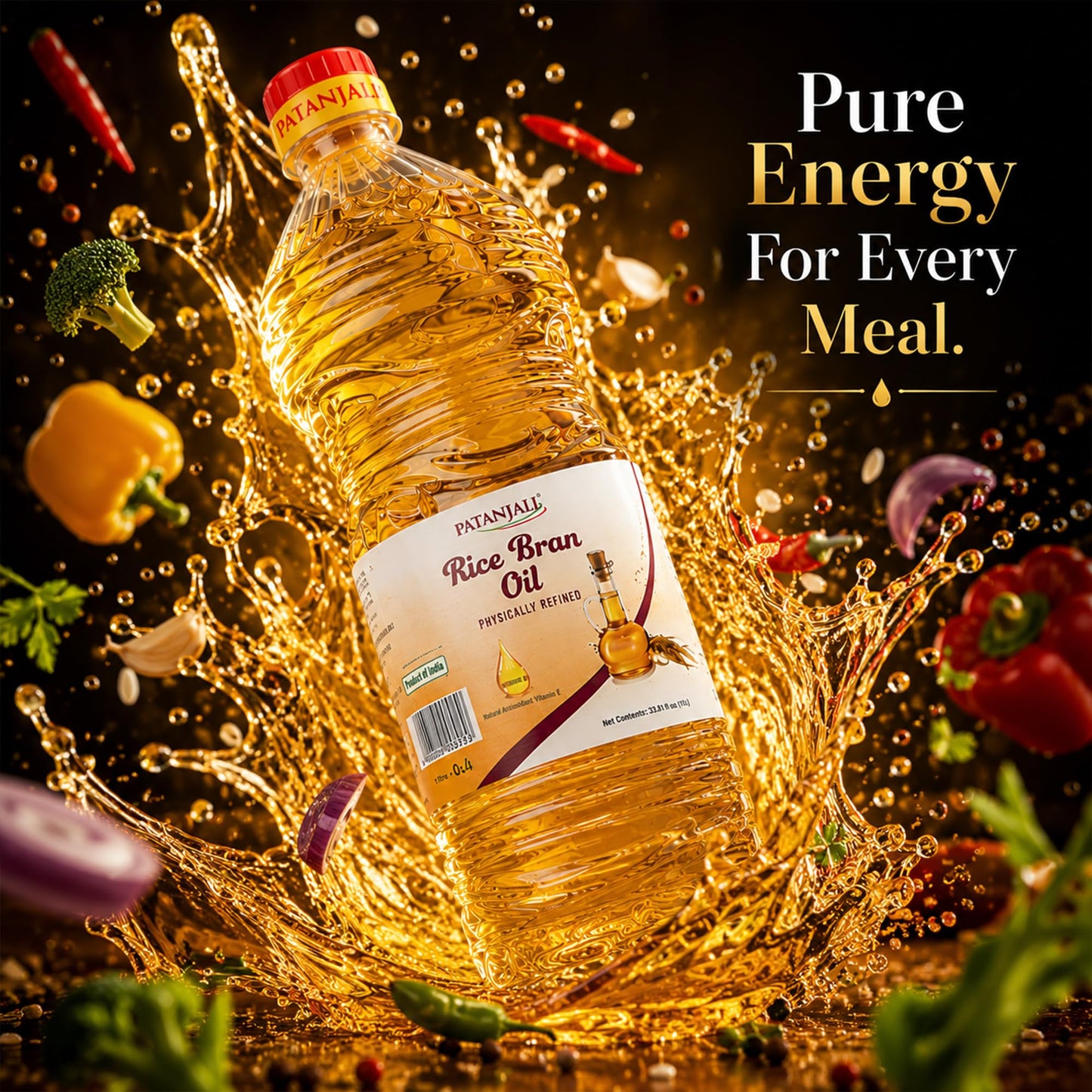 Patanjali Rice Bran Oil, 1 Liter (33.82 fl oz) – Refined Cooking Oil for Everyday Indian & Asian Cooking, Neutral Flavor