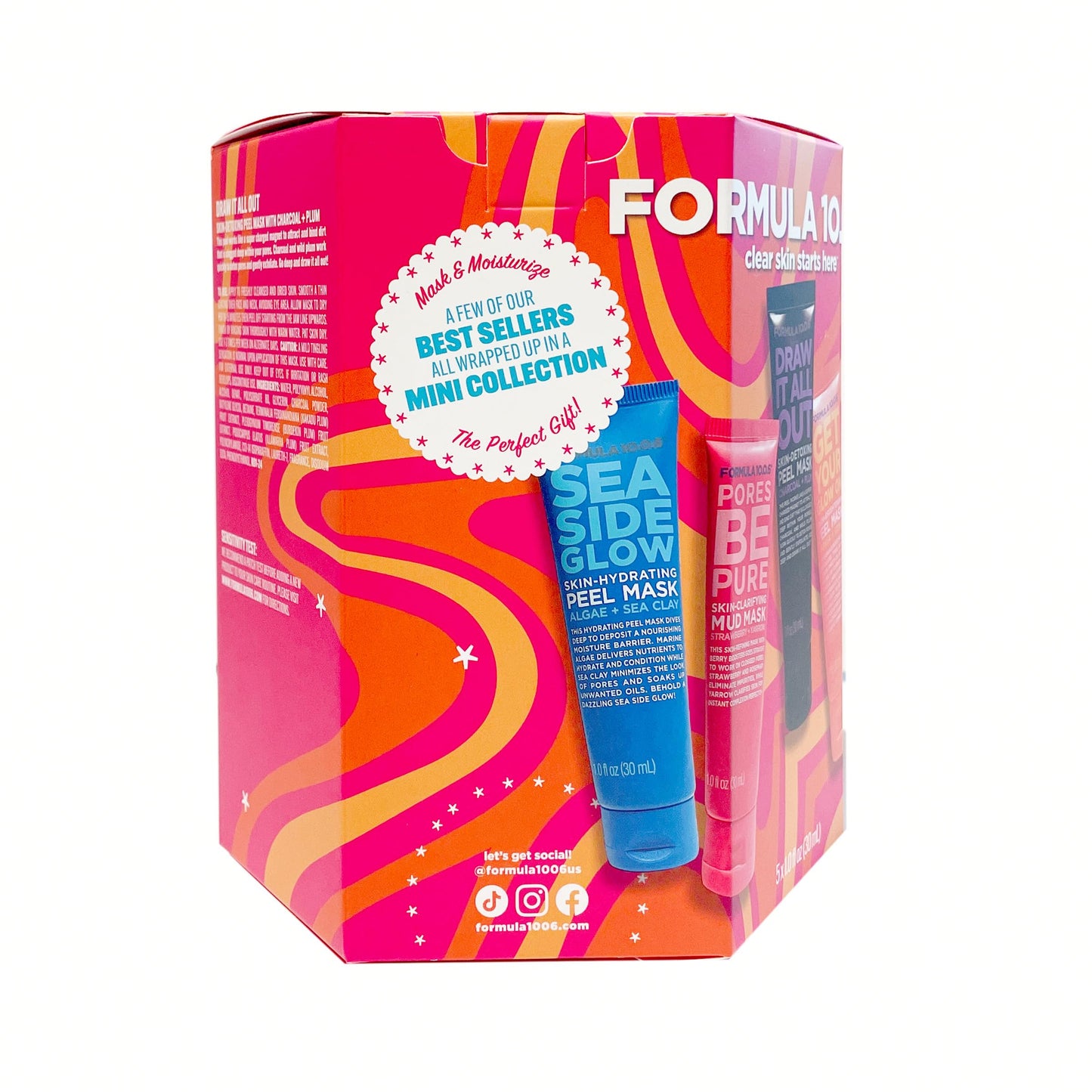 FORMULA 10.0.6 Skincare Face Mask Gift Set, Pink and Purple, 5-Piece Trial Size Collection with Charcoal Peel, Sea Clay, Papaya Masks, 1 fl oz Each