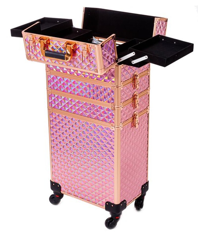 AROUS Rolling Makeup Train Case Large Storage Cosmetic Trolley 4 in 1 Large Capacity Trolley Makeup Travel Case with Key Swivel Wheels Salon Barber Case Traveling Cart Trunk, Pink