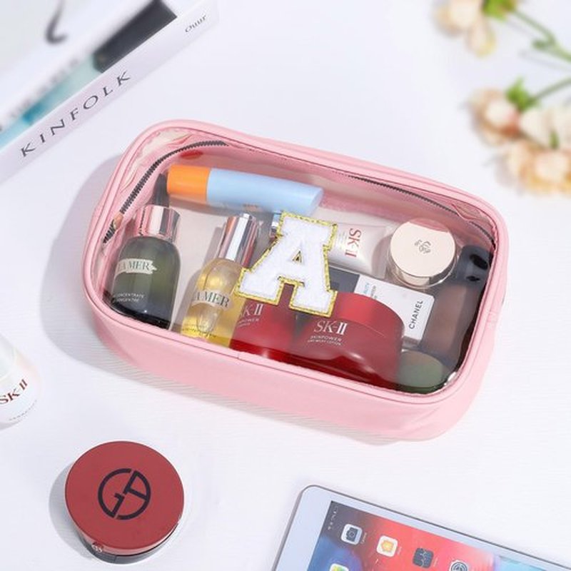 YOOLIFE Initial Clear Makeup Bag Make Up Bag Travel Toiletry Bag Preppy Cosmetic Bags Organizer Travel Essentials Pink Gifts for Women Teen Girlfriend Teacher Mom Brithday Gifts Clear Toiletry Bag A