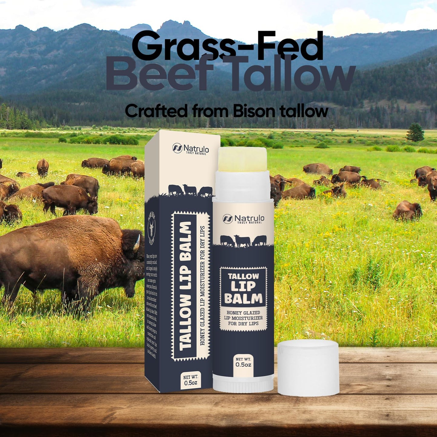 Beef Tallow Lip Balm – Natural Tallow Beeswax Chapstick – Hydrating Moisturizer Grass Fed Bison Tallow Balm Lip Care – Soothes Chapped, Dry Lips, Sensitive Skin – Long Lasting & Vitamin Rich USA-Made