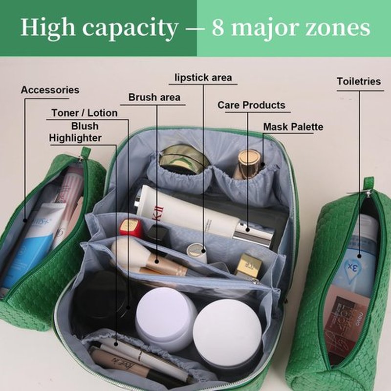 Travel Makeup Bags Cosmetic Organizer Bag: Large Capacity Make up Bag Set of 3 - Vegan Leather Woven Toiletry Bag for Women - Portable Makeup Organizer with Compartments & Handle & Divider Green