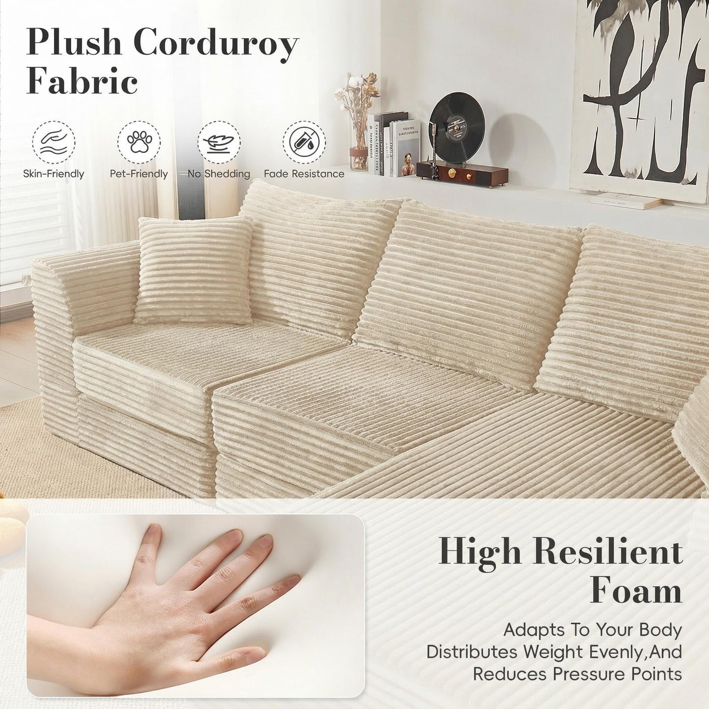 106” Modular Sectional Sofa,Modular Cloud Sofa L-Shaped Cloud Couch with High-Density Foam & Corduroy Fabric,Boneless Couch Deep Seat Couch for Living Room Apartments Bedroom No Assembly Required