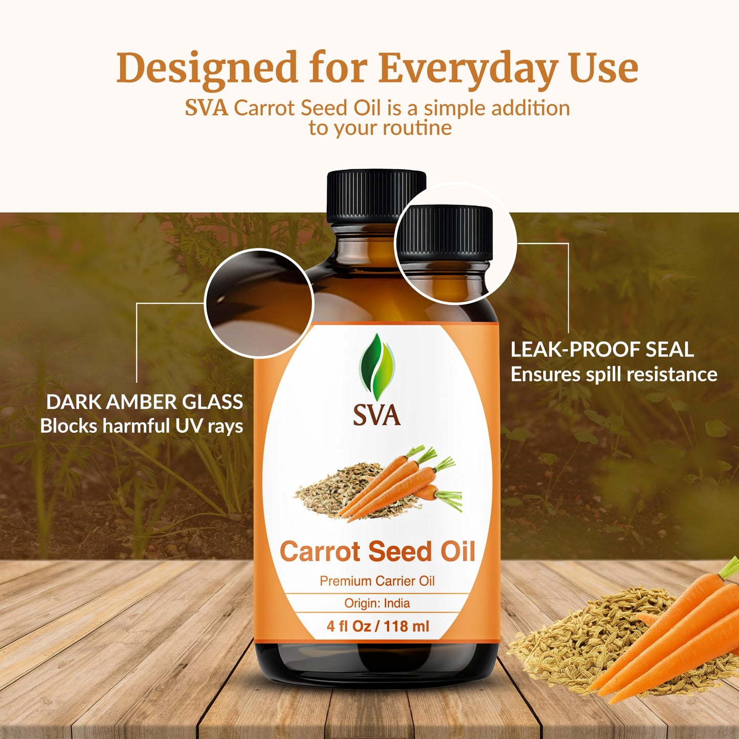 SVA Carrot Seed Oil - 4 Fl Oz - for Face, Skin Care, Hair Care, Scalp Massage & Body Massage – Carrier Oil with Dropper