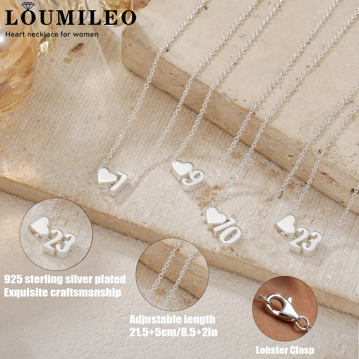 LOUMILEO Softball/Soccer/Volleyball/Basketball/Tennis Necklace for Women Sterling Silver Number Necklaces for Women Dainty Silver Heart Pendant Necklace Personalized Sports Accessories Jewelry Gift