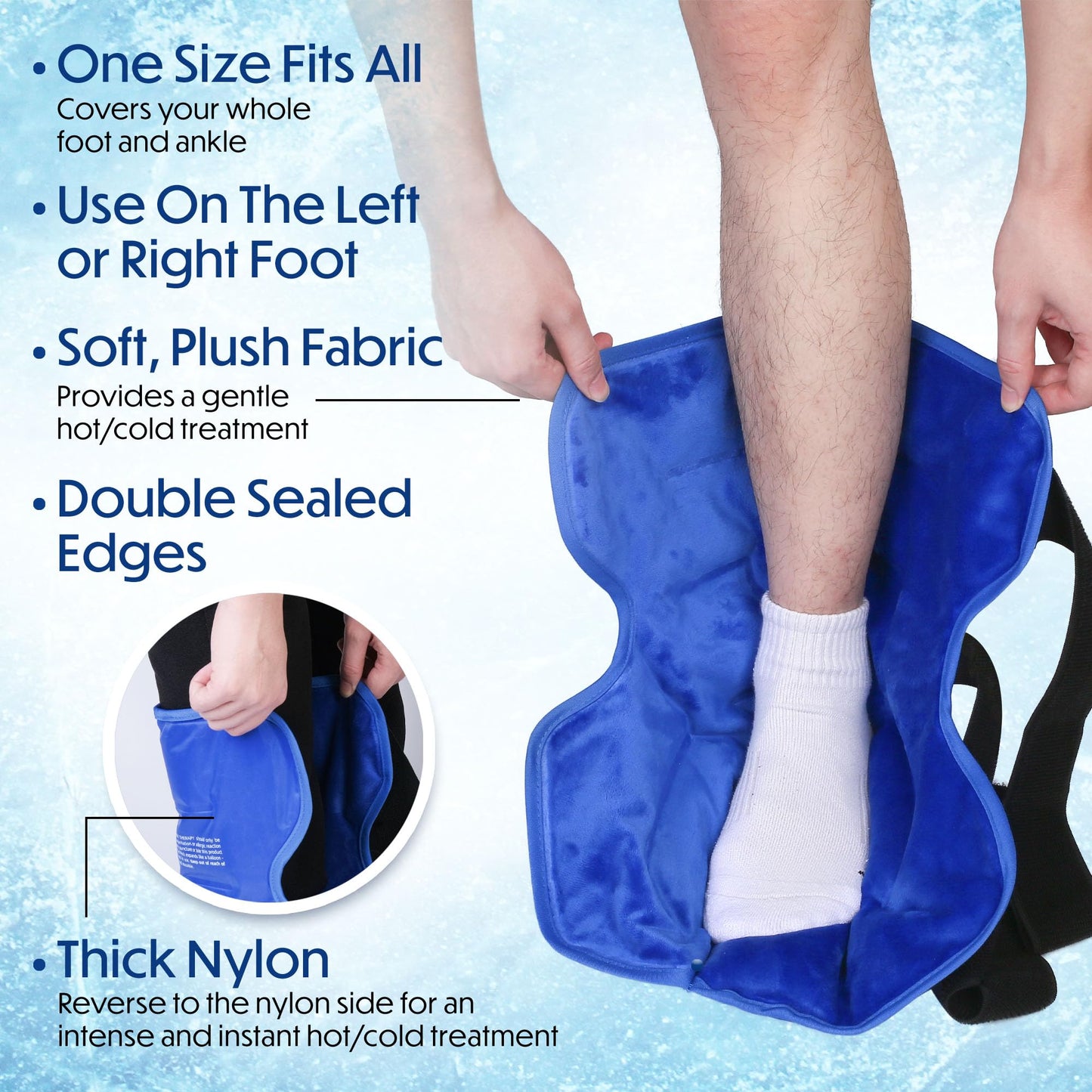 MEDLOT Ankle Ice Pack Wrap, Full Foot Large Reusable Hot Cold Therapy Pack for Achilles Tendonitis Relief, Swelling, Plantar Fasciitis, Heel Pain, Plush Lining, with Strap, Birthday Father's Day Gift
