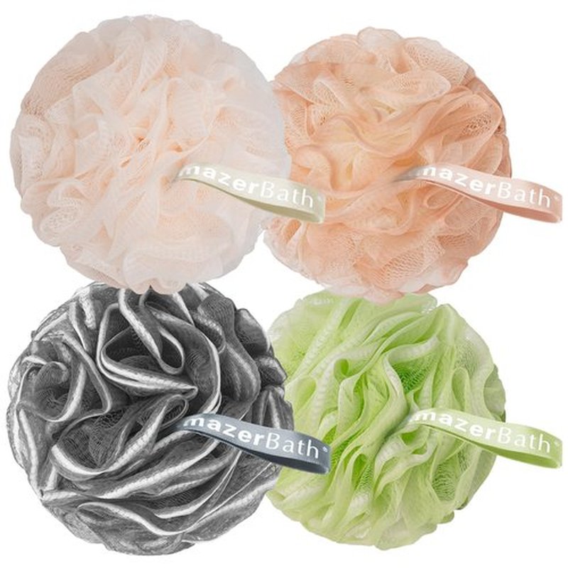 AmazerBath Bath Loofah Sponge (Pack of 4), Shower Loofah 60g/PCS Body Scrubber Loofa - Light Orange-Green-Grey-Beige, Bath Sponge for Men and Women