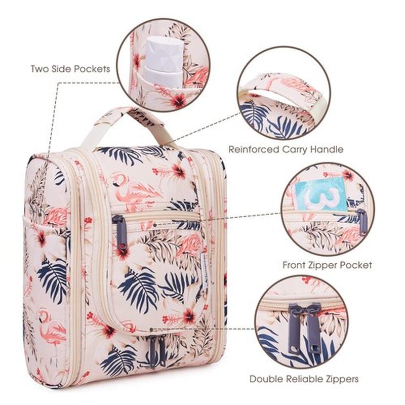 Narwey Small Hanging Toiletry Bag Women Travel Makeup Bag Organizer Toiletries Bag for Travel Size Essentials Accessories Cosmetics(Medium, Beige Bird)