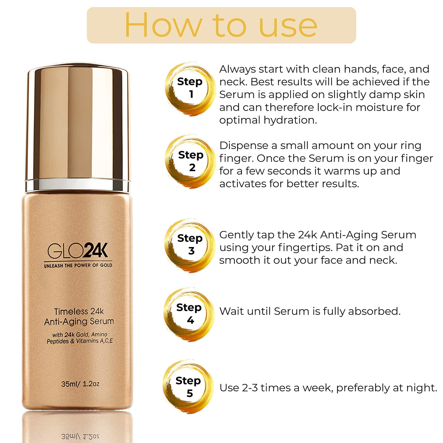 GLO24K Timeless Serum with 24k Gold, Peptides, and Vitamins A,C,E. A Powerful formula to nourish and revitalize your skin.