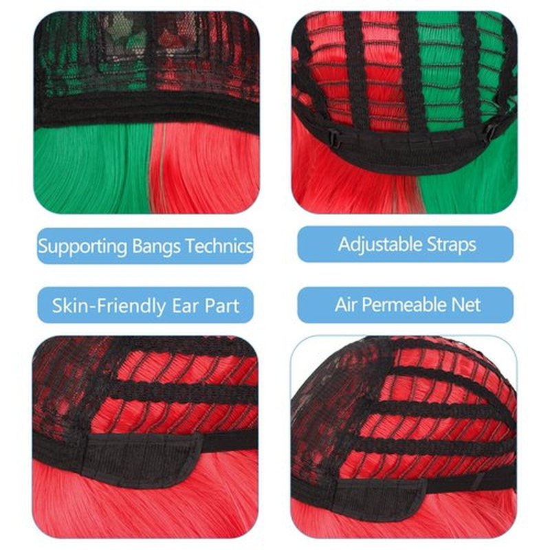 WeKen Red and Green Wig for Women Girls Short Bob Half Green Half Red Wig with Bangs for Women Cosplay Synthetic Wig Daily Party